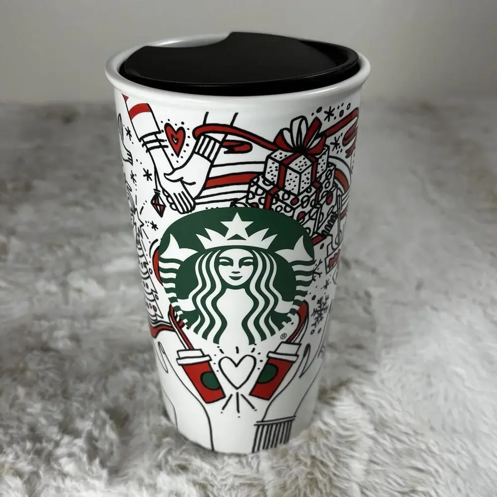 Starbucks Holiday Ceramic Travel Mug 12 oz Red White Green Tumbler w/ Lid